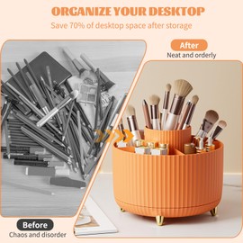 360° Rotating Makeup Organiser, Make Up Brush Holder with 5 Compartments, Desk Storage Container for Bedroom Dressing Table Cosmetics Organizer, Office Stationery Storage, Desktop Pen Holders (Orange)