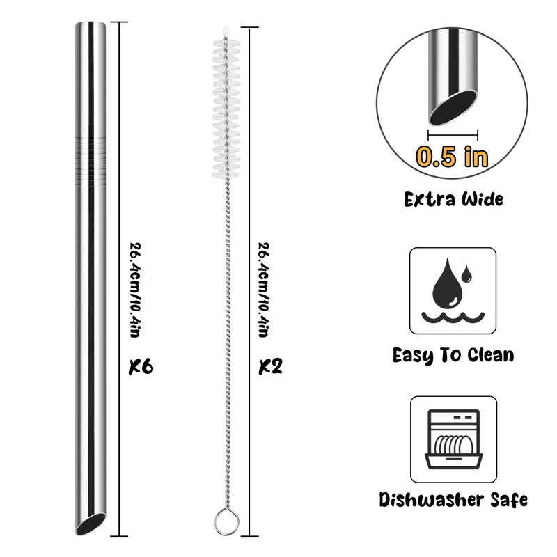 NiHome Extra Wide Reusable Stainless Steel Drinking Straws, Pack of