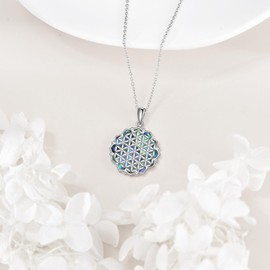 JERWLI Flower Of Life Necklace 925 Sterling Silver Abalone Shell Flower Of Life Pendant Filigree Jewelry Gifts For Women Female