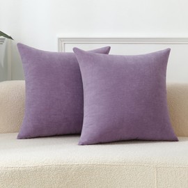 Qanatmz Lavender Cozy Soft Throw Pillow Covers, Light Purple Decorative Chenille Square Couch Cushion Cases for Sofa Living Room Decor, Set of 2, 16 x 16 Inches