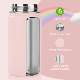 Fijinhom 12oz Kids Water Bottle for School Boys&Girls, Leak-Proof Toddler Water Bottle, Stainless Steel Vacuum Insulated Bottle with Straws Lids, Pink