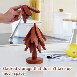 Set of 4 Wooden Trivets Foldable Heat Resistant Pots and Pans Hot Dishes Wooden Mat Kitchen Table Accessories 8" Diameter Tree Shape Trivet Set Coasters (Walnut)