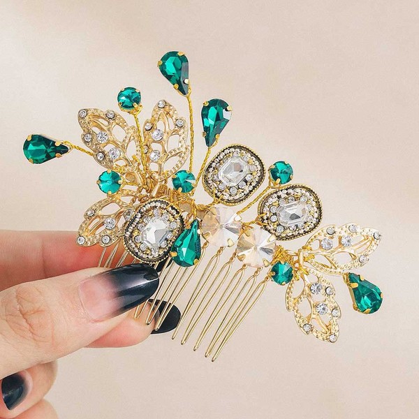 IYOU Baroque Bridal Hair Comb Green Crystal Wedding Side Combs Leaf Bridal Headwear Evening Party Prom Hair Accessories for Women