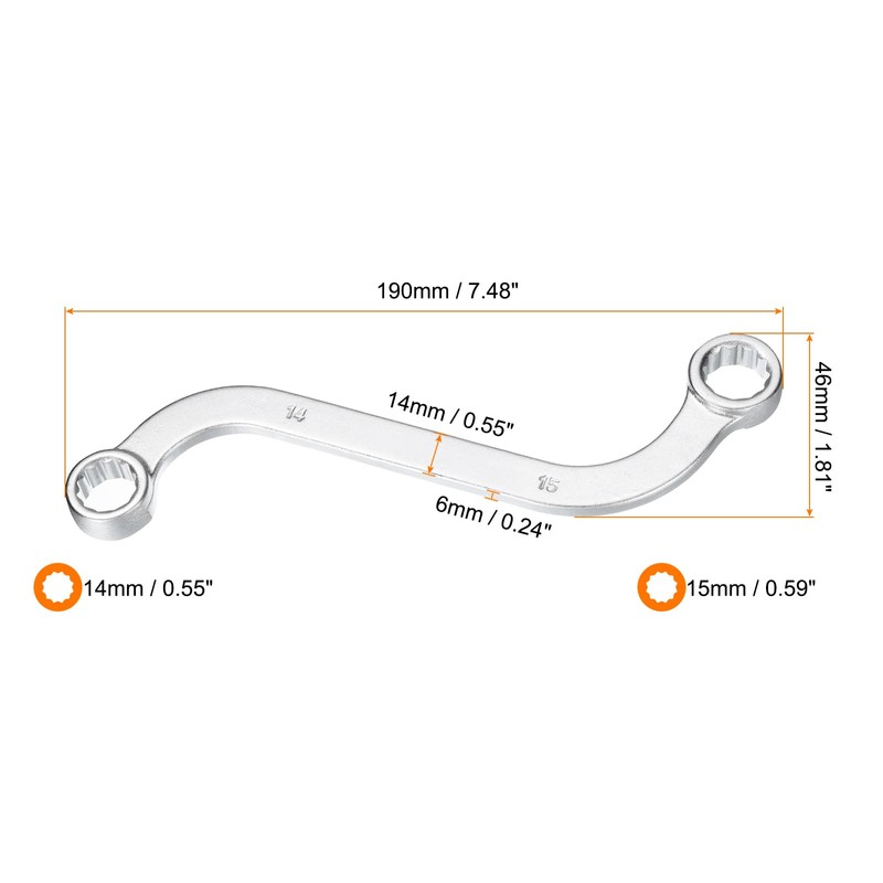 HARFINGTON S-Style Box Wrench Metric 14mm x 15mm 12-Point CR-V