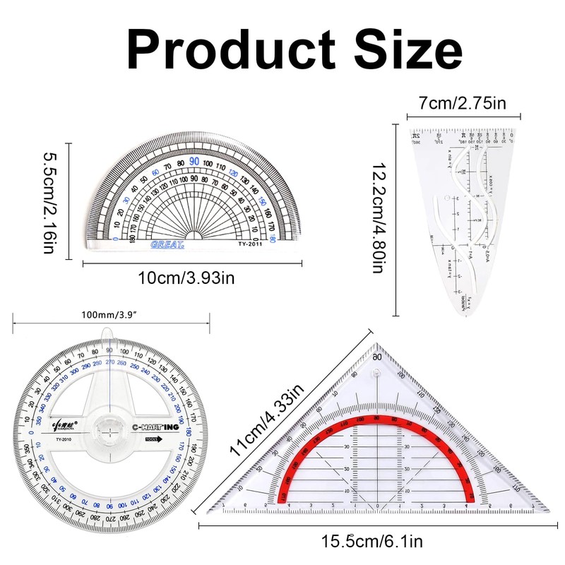 Set of 4 geometry set, parabola clear, geometry triangle, semicircle