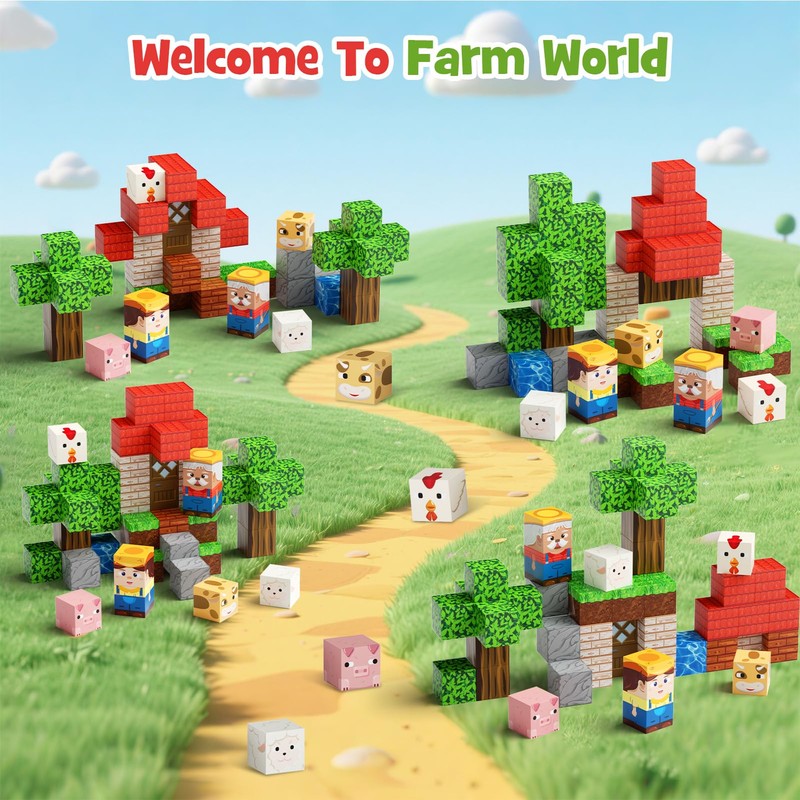 Magnetic Building Blocks, Farm Theme STEM Mini Magnet Travel Cubes