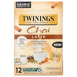 Twinings Chai Latte Tea K-Cup Pod for Keurig, Creamy, Slightly Sweet, Less Sugar, Caffeinated, 12 Count