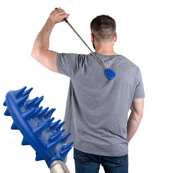 XL Big Stick Extendable Cactus Back Scratcher - Double Side Itch Reliever for Back, Neck, Head, Beard, and Body | 16 Spikes per Side, 8.5 Inches Compact Back Scratcher Extendable to 24.5 Inches (Blue)