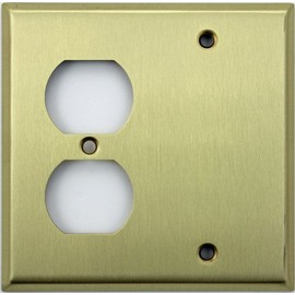 Stamped Satin Brass 2 Gang - 1 Duplex Outlet 1 Blank Wall Plate