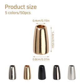 Anseom Pack of 50 metal inhole cord ends, cord stoppers, cord ends, metal for cords, lanyard, clothing, backpack, sportswear, paracord (13 x 8 mm), Gold, silver white, light silver, shiny black and