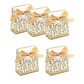 iKesoce Pack of 25 Gold Candy Boxes Wedding Favour Boxes with Ribbon for Wedding and Anniversary