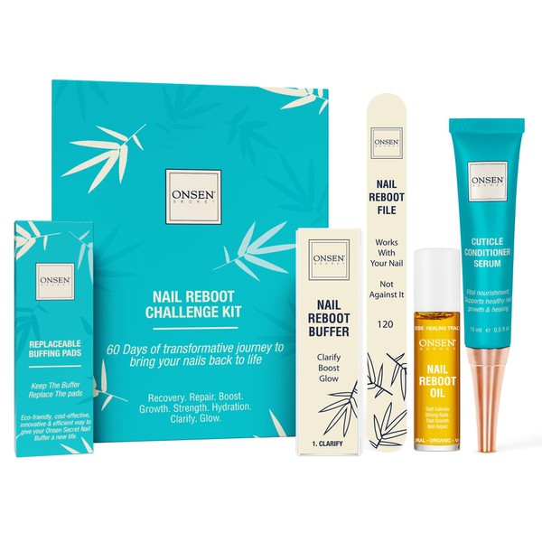 Onsen Secret Complete Nail Reboot Kit w/Nail Reboot Oil 10ml, Nail File 120/180 Grit Double Sided, A 3-Way Nail Buffer Block & Cuticle Serum-15ml w/Cuticle Oil in Action-Super Value Pack