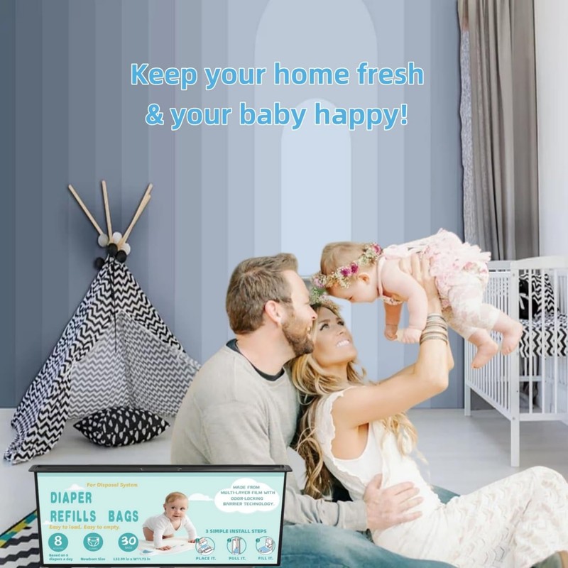 Diaper Pail Refills Bags with 30 Bags Compatible with Genie