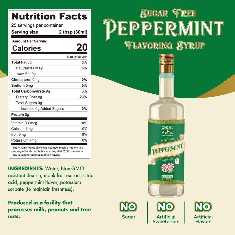 ChocZero Sugar Free Peppermint Syrup for Coffee - Keto Flavoring