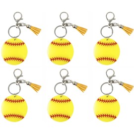 Softball Keychain for Girls Team, Acrylic Plastic Key Chain Blank with Tassle, Bulk Set of 6