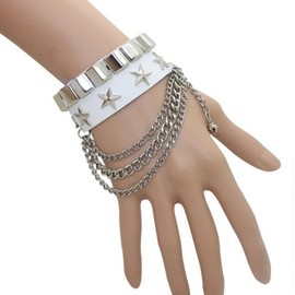 Leather Bracelet Grunge & Punk Rocker Bracelet Star Rivet Wristband Unisex PU Leather Punk Rivet with Metal Inlay & Chain (White)
