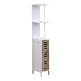 Slim Bathroom Storage Cabinet with Open Shelves and Two Doors, Freestanding Organizer for Compact Spaces, Ideal for Towels, Toiletries, White and Oak Finish – Stockholm Collection
