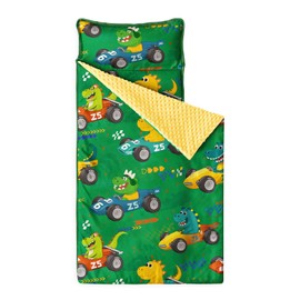 Wake In Cloud - Toddler Nap Mat with Pillow and Minky Fleece Blanket, for Kids Boys in Daycare Preschool Kindergarten, Roll Up Sleeping Bag, Colorful Dinosaur Race Car, Grass Green, Standard