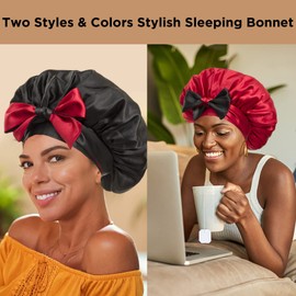 Satin Bonnet Silk Bonnet Hair Bonnet for Sleeping Large Bonnet for Women Reversible Bonnet Tie Band for Natural Curly Hair, Double-layer(black+red)