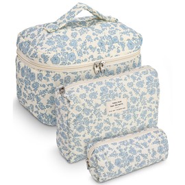 Goxiry 3er Set Kosmetiktasche Florale Make Up Tasche Leicht Kulturtasche Damen Casual Kulturbeutel Schminktasche für Kosmetika, Toilettenartikeln, Elektronisches Zubehör Blau