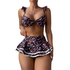 BEAUDRM Women's 2 Piece Floral Print Bikini Sets with Frill Trim Skort Swimsuit Bathing Suit Beachwear Multicolor Medium