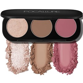 FOCALLURE Paleta de Rubor y Resaltador, Paleta de Contorno 3 En 1, Polvo Bronceador Mate Sin Crueldad Animal, Iluminadores Iluminadores Brillantes para Un Aspecto Brillante, #10