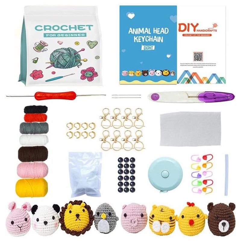 8PCS Crochet Kit for Beginners, Cute Animals Crochet Starter Kits,DIY