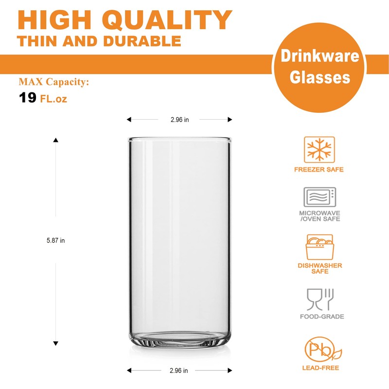 LUXU Drinking Glasses 19 oz, Thin Highball Glasses Set of