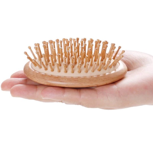 Hair Pig Brush, Wood Bristle Hair Brushs, No Handle Design, Easily put in Your Carry-on Cosmetic Bag, Round Wood Pins Anti-Static Protect Scalp and Hair，Hair Brush Mini