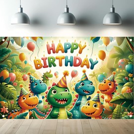 Starlit Patio Dinosaur Happy Birthday Banner Backdrop Jungle Dino Party Decorations Cartoon Dinosaurs Balloons Tropical Forest Kids Dinosaur Decorations Photography Background 70.8 x 43.3 Inch