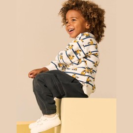 Toddler Cotton Jumper 2-3 Years White Digger Full Print Playwear with Black Stripe Round Neck Kids Boys Everyday Top