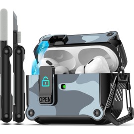 RFUNGUANGO for AirPods Pro 2nd/1st Generation Case Cover with Secure Lock Clip,Automatic Pop-up Case Full-Body Shockproof Hard Protective Cover for AirPodsPro2Case(2023/2022/2019)Light gray camouflage