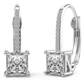 18K White Gold Plated Princess Cut Cubic Zirconia Drop Leverback Earrings Sterling Silver Square Simulated Diamond CZ Dangle Earrings for Women Hypoallergenic (6MM, White Gold)