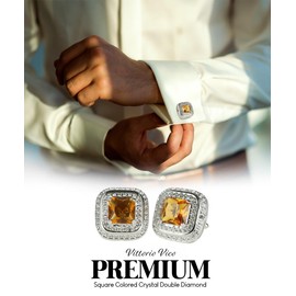 Vittorio Vico Square Colored Crystal Double Diamond Set Cuff Links (Yellow/Silver, CL-7519)