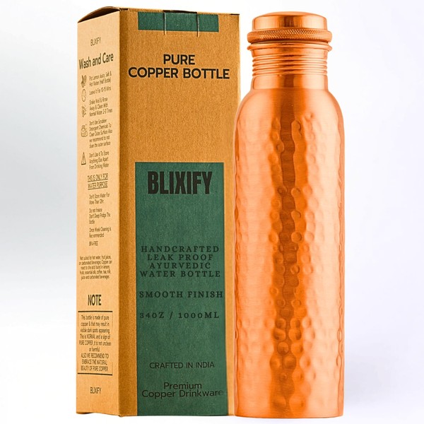 BLIXIFY BLIXIFY Copper Water Bottle (34oz/1000ml) Handcrafted Ayurvedic 100% Pure