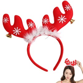 Dolaso Antlers Headband, Christmas Reindeer Antlers Headband, Reindeer Headband with Bells and Feathers, Plush Ears, Christmas Reindeer Headbands for Children, Adults, Christmas Party Decorations