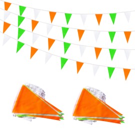 Rotenl 100 Feet 60 Pcs Green White and Orange Pennant Banner Flag String Hanging Triangle DIY Flag, Bunting Streamer Decorations for Grand Opening, Birthday, Wedding Celebration (Green White & Orange)