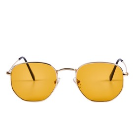 WDZAYXC Fashion Polygonal Sunglasses for Men and Women, Lightweight Metal Frame Glasses, UV400 Protection, Gold/Dark Orange