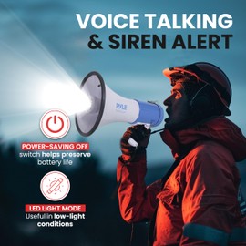 Pyle Compact PA Megaphone Speaker - Portable 50W Handheld Bullhorn with LED Flashlight, Siren Alarm, Adjustable Volume, Detachable Mic, Battery Powered for Indoor & Outdoor Use