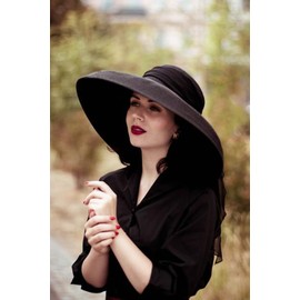 Utopiat | MIU Oversized Straw Holiday | Black Straw Hat with 100% Silk Scarf (Lucid Aqua) |Inspired by BAT's | Audrey Style