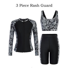 Women's Long Sleeve Rash Guard 3 Piece Bathing Suits Woman Tummy Control Zip Front Swimsuits for Women Black/Paisley