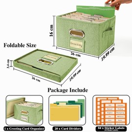 Vienrose Greeting Card Organizer 1 Pack, Storage Box with 20 Adjustable Dividers, Foldable Organizer Box Holds over 150 Cards, Storage Stickers Recipes Photos Envelopes Bills Vinyl Records, GrassGreen