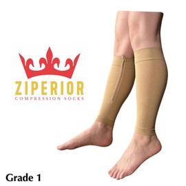 Ziperior 15-20 mmHg Compression Shin Calf No Foot Inside Leg Zipper Sleeves (Nude, 4X-Large)