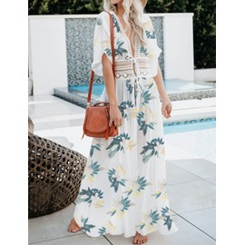 FANCYINN Womens Long Floral Chiffon Kimono Sheer Cover Up Boho Bohemian Beach Wears Bikini Cover Ups L