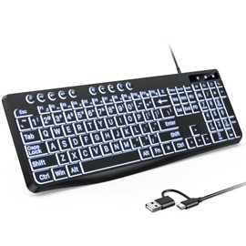 OMOTON Large Print Keyboard Wired with Dual Interface (Type-C and USB), Oversize Font Key with White Backlit Easier to See and Type, Full Size Computer Keyboard Compatible with Windows, PC, Laptop