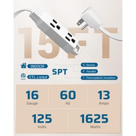 DEWENWILS 15FT Flat Plug Extension Cord, 3 Prong Ultra Thin Power Strip, 13A/125V/1625W, 16/3 Awg Grounded Flat Power Cable for Indoor Narrow Space, SPT-3 Cord, ETL Listed, White