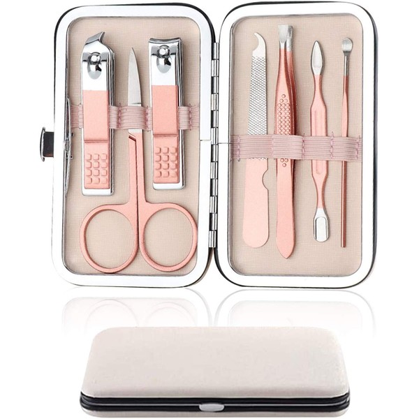 Nail Clipper Manicure Set, 7 In 1 Stainless Steel Professional Pedicure Kit Nail Scissors Grooming Kit with Black PU Leather Case for Travel & Home Use (Pink Leather)