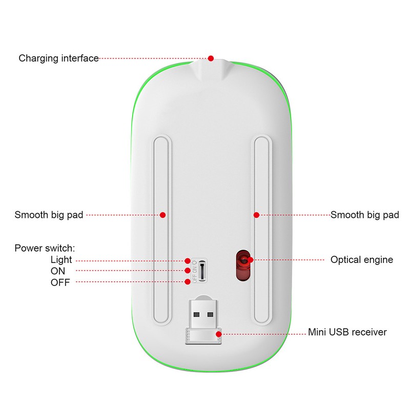 HXSJ Wireless Mouse Rechargeable for Windows/XP/Vista/Me 2.4G Colorful Light Office