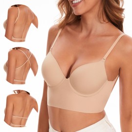 Low Back Bra for Women-Seamless Invisiable Backless Bras-Lightly Lined No Show Open Back Low Cut Bra Multiway Halter Bras(Nude, 34DDD)