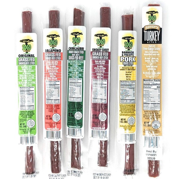 6 Flavor Variety Meat Sticks. No Added Nitrates, Gluten, Soy, MSG, Dairy or Nuts. 4, 100% Grass-fed Beef flavors, 1, Free-Range Turkey Flavor & 1, Natural Pork Flavor (8 of Each, 48-cnt, 1-oz Stick)